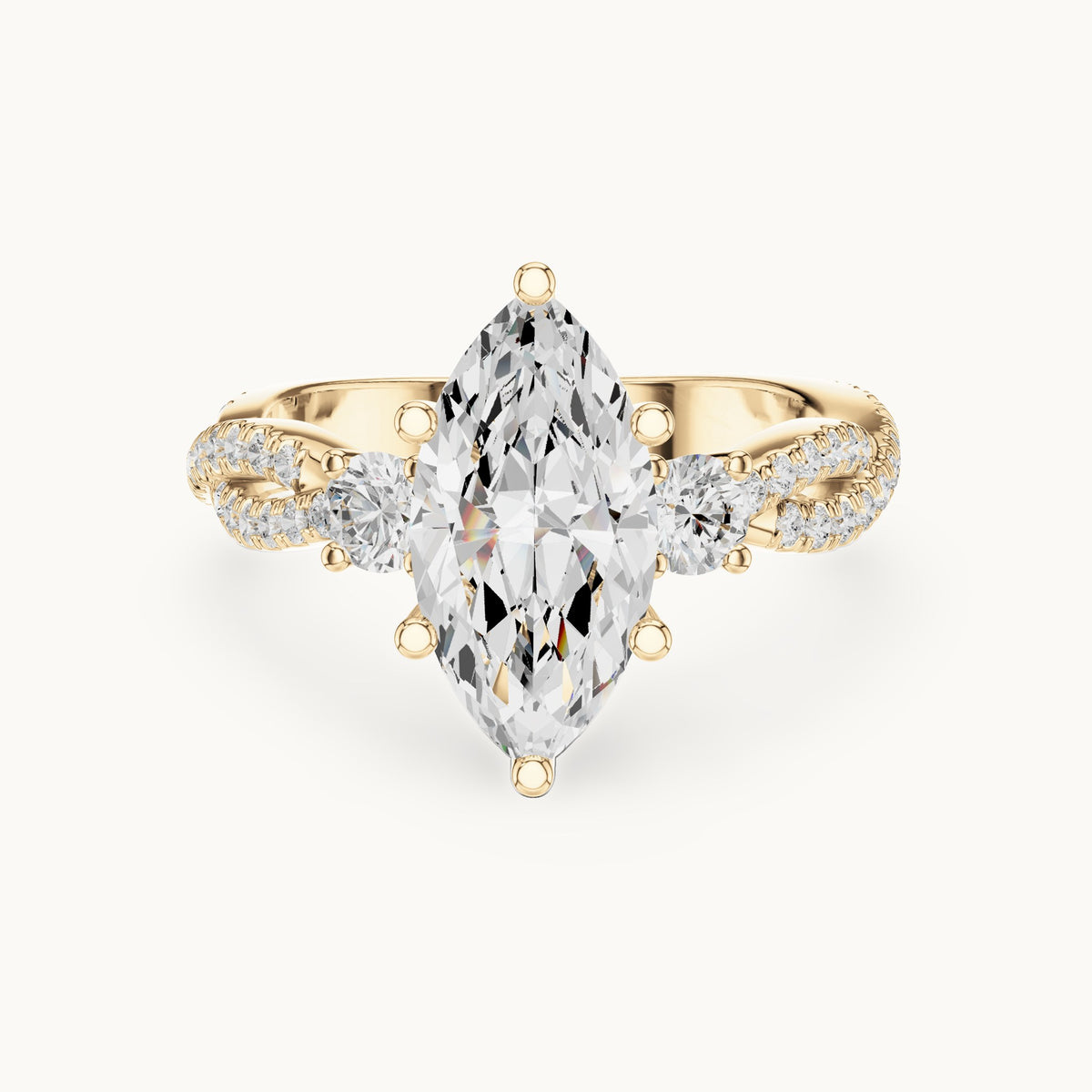 Marquise and round lab-grown diamond twisted pavé engagement ring with side stones in yellow gold, 2.828 CT TW, view 4