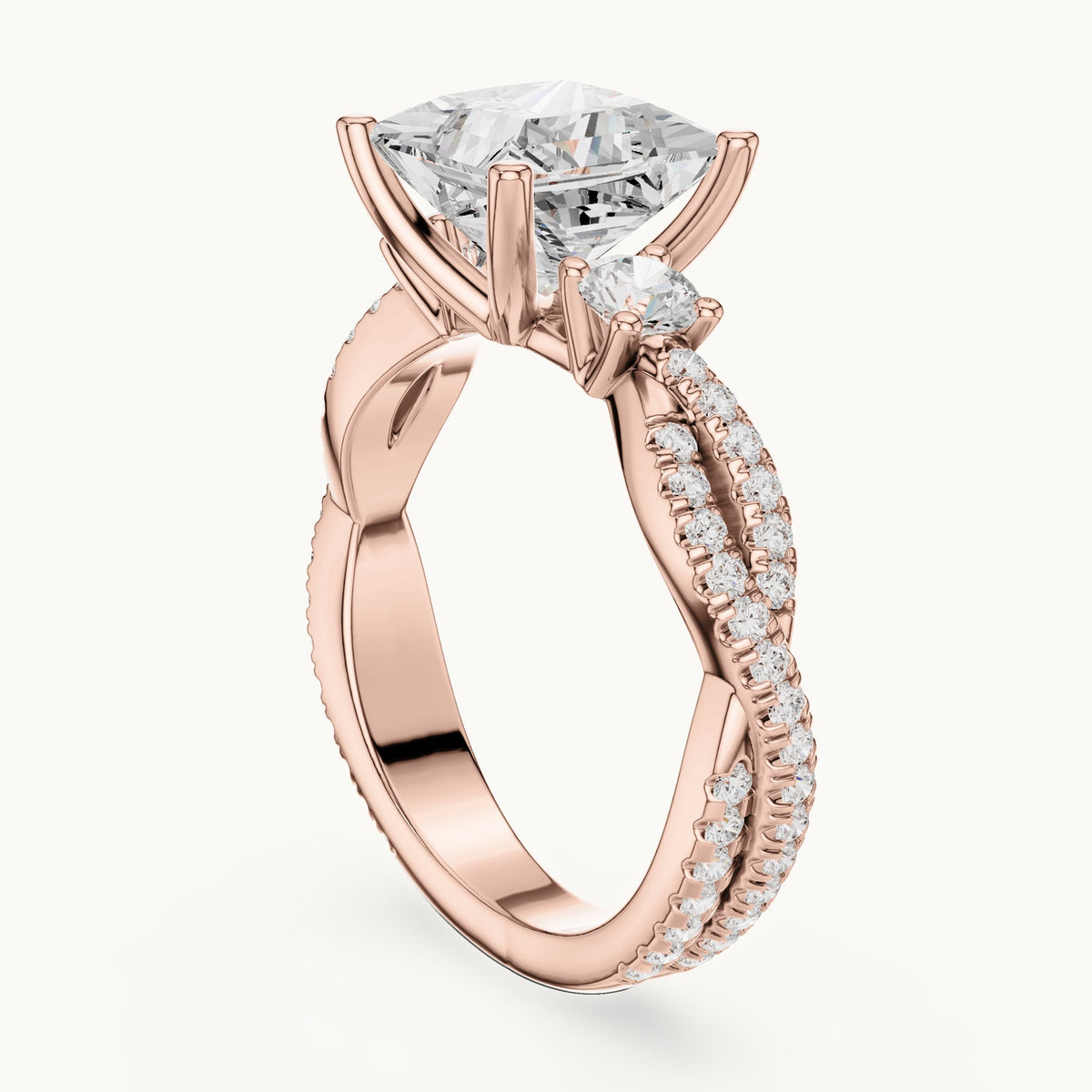 Princess-cut and round lab-grown diamond twisted pavé engagement ring with side stones in rose gold, 2.928 CT TW, view 1