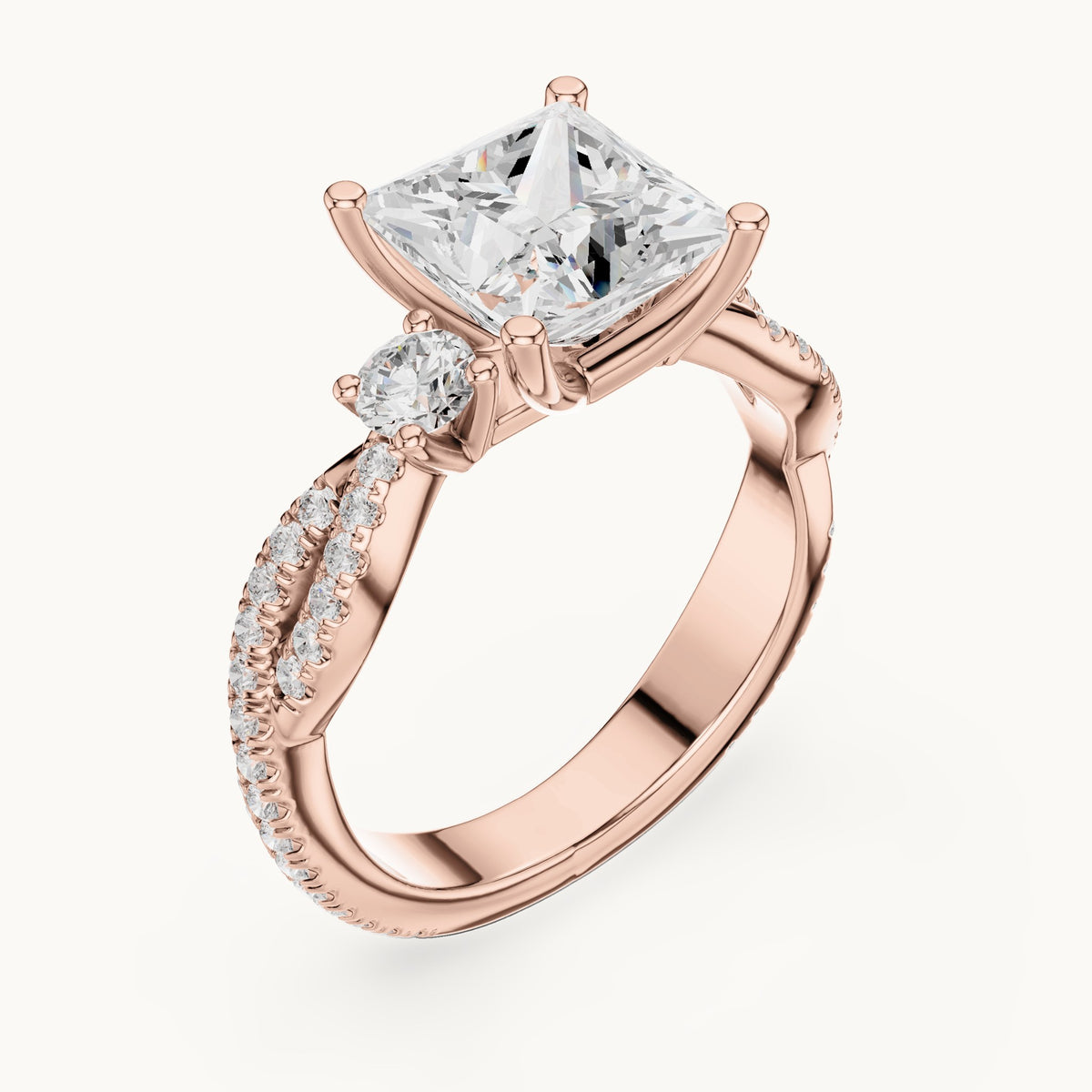 Princess-cut and round lab-grown diamond twisted pavé engagement ring with side stones in rose gold, 2.928 CT TW, view 2