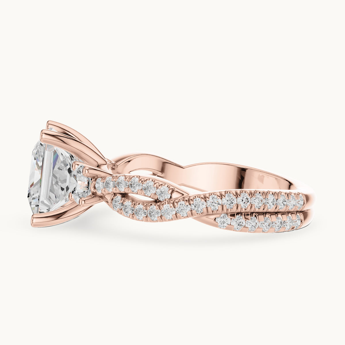 Princess-cut and round lab-grown diamond twisted pavé engagement ring with side stones in rose gold, 2.928 CT TW, view 3