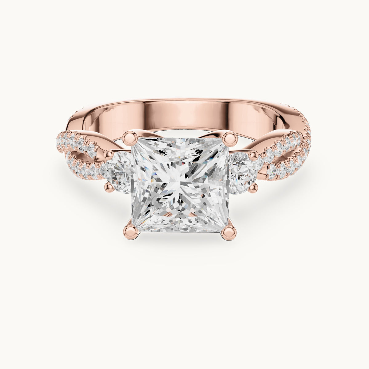 Princess-cut and round lab-grown diamond twisted pavé engagement ring with side stones in rose gold, 2.928 CT TW, view 4