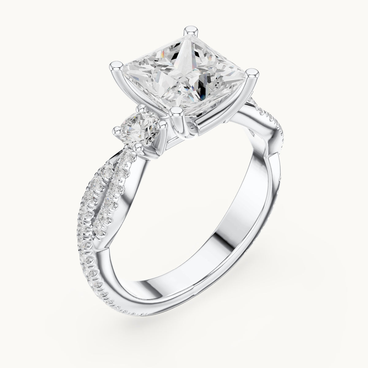 Princess-cut and round lab-grown diamond twisted pavé engagement ring with side stones in white gold, 2.928 CT TW, view 2