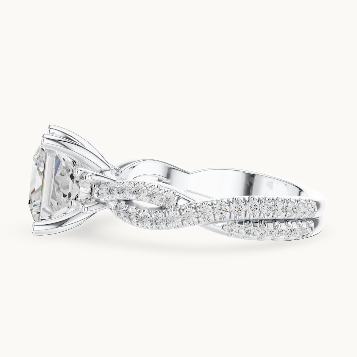 Princess-cut and round lab-grown diamond twisted pavé engagement ring with side stones in white gold, 2.928 CT TW, view 3