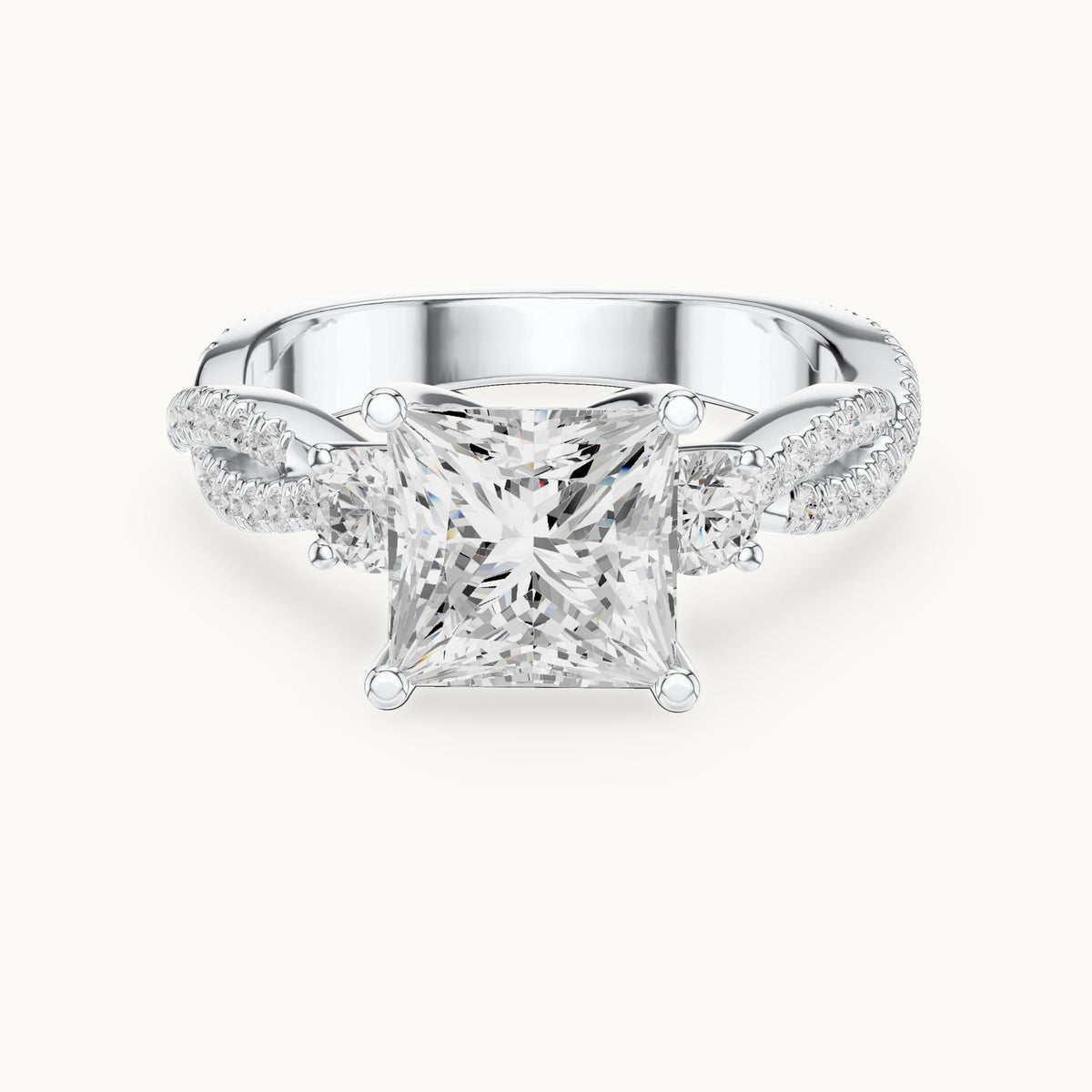 Princess-cut and round lab-grown diamond twisted pavé engagement ring with side stones in white gold, 2.928 CT TW, view 4