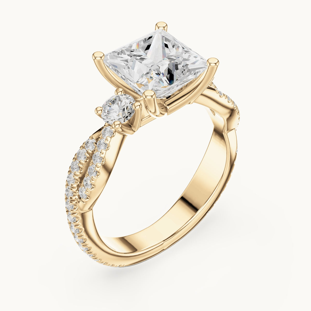Princess-cut and round lab-grown diamond twisted pavé engagement ring with side stones in yellow gold, 2.928 CT TW, view 2