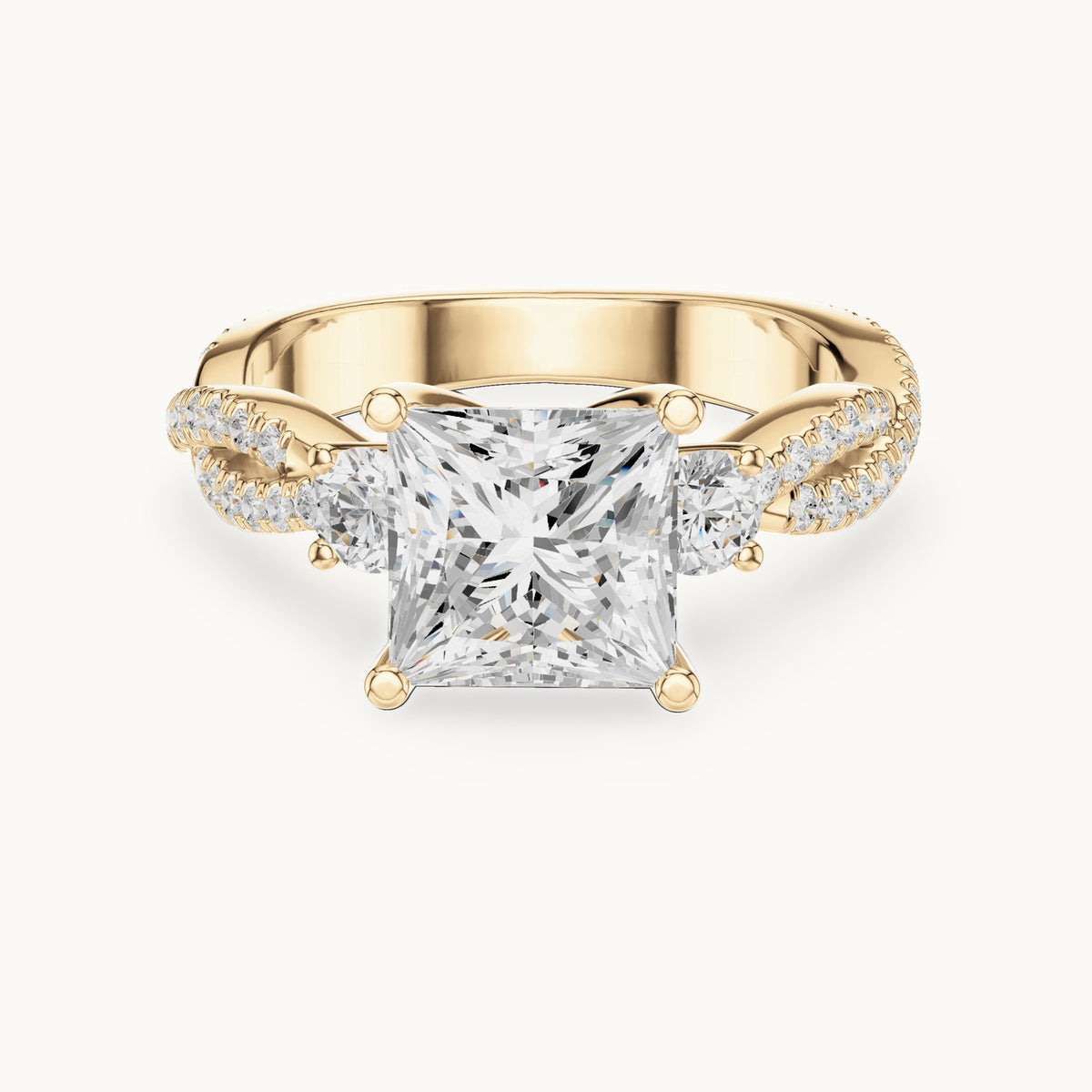 Princess-cut and round lab-grown diamond twisted pavé engagement ring with side stones in yellow gold, 2.928 CT TW, view 4