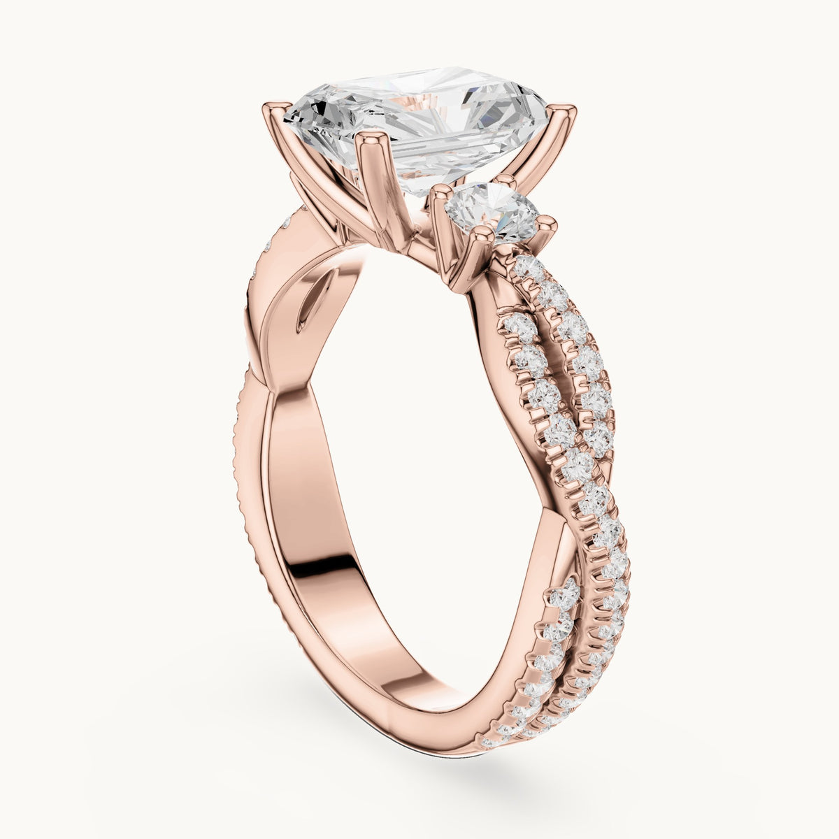 Radiant-cut and round lab-grown diamond twisted pavé engagement ring with side stones in rose gold, 2.778 CT TW, view 1