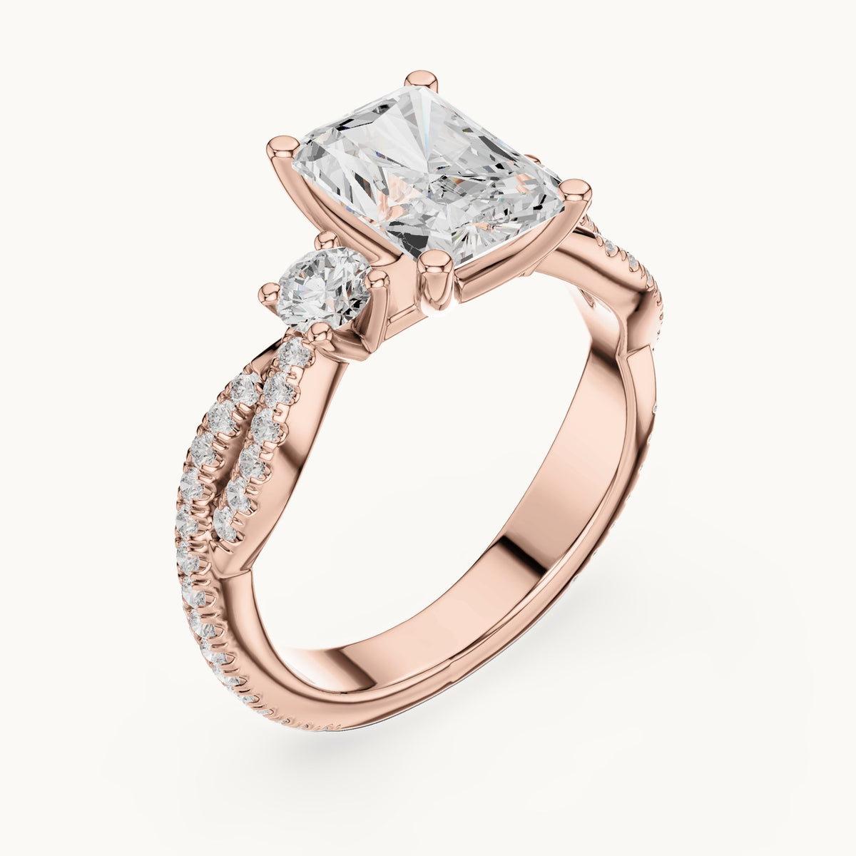Radiant-cut and round lab-grown diamond twisted pavé engagement ring with side stones in rose gold, 2.778 CT TW, view 2