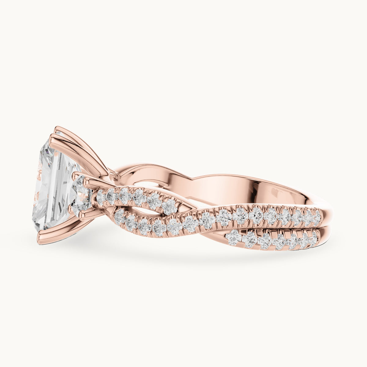 Radiant-cut and round lab-grown diamond twisted pavé engagement ring with side stones in rose gold, 2.778 CT TW, view 3