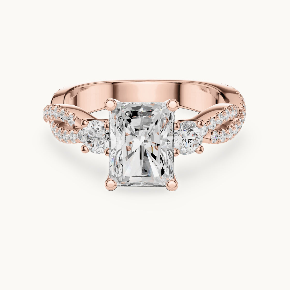 Radiant-cut and round lab-grown diamond twisted pavé engagement ring with side stones in rose gold, 2.778 CT TW, view 4