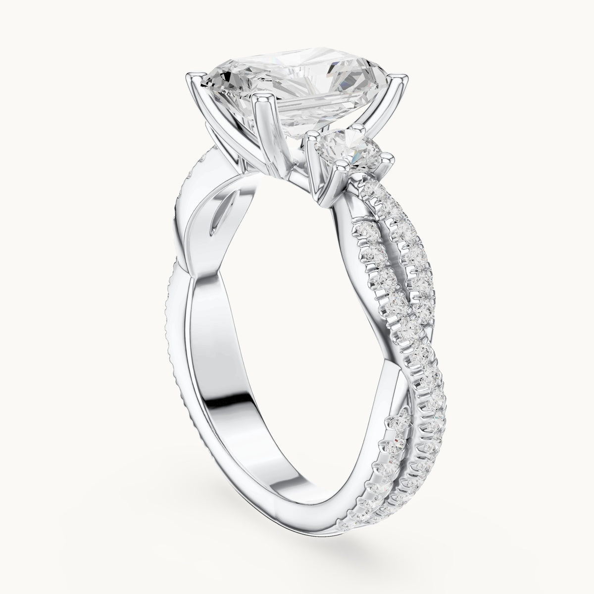 Radiant-cut and round lab-grown diamond twisted pavé engagement ring with side stones in white gold, 2.778 CT TW, view 1