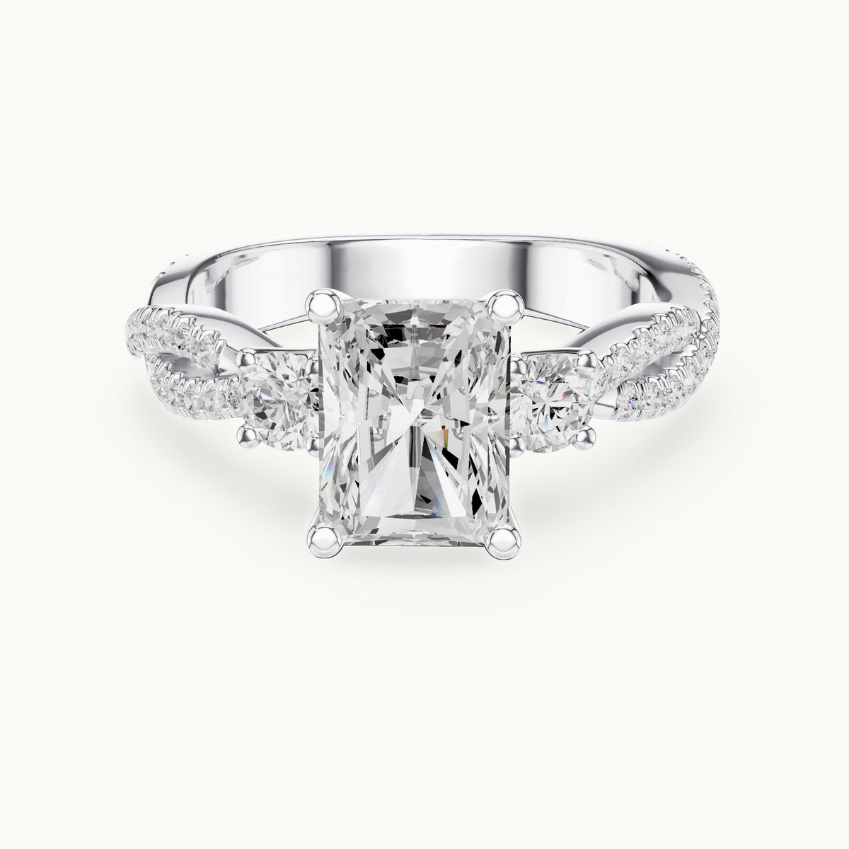 Radiant-cut and round lab-grown diamond twisted pavé engagement ring with side stones in white gold, 2.778 CT TW, view 4