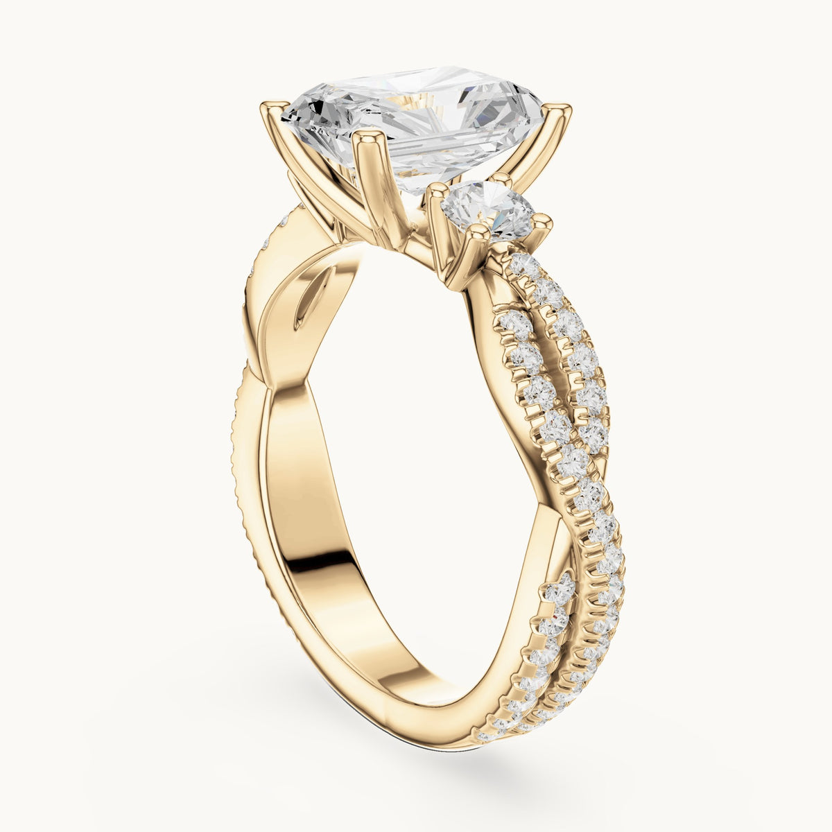 Radiant-cut and round lab-grown diamond twisted pavé engagement ring with side stones in yellow gold, 2.778 CT TW, view 1