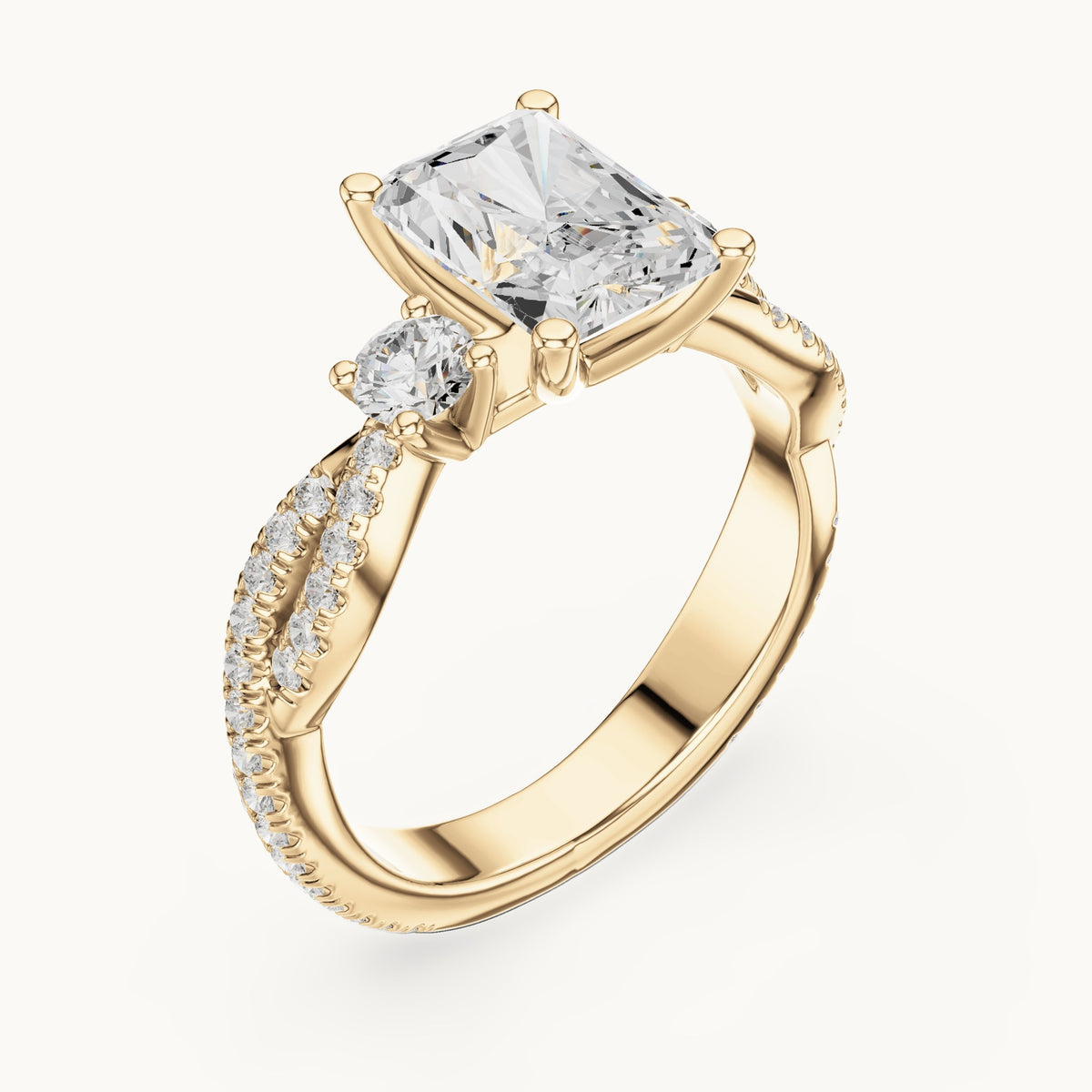 Radiant-cut and round lab-grown diamond twisted pavé engagement ring with side stones in yellow gold, 2.778 CT TW, view 2