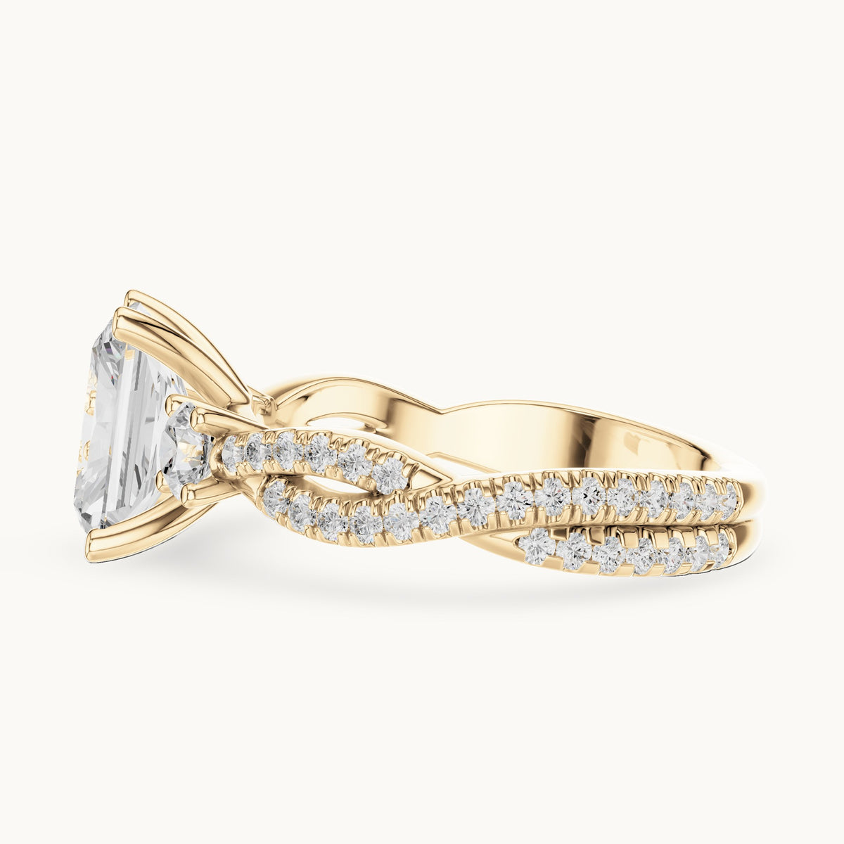 Radiant-cut and round lab-grown diamond twisted pavé engagement ring with side stones in yellow gold, 2.778 CT TW, view 3