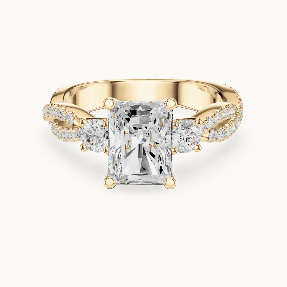 Radiant-cut and round lab-grown diamond twisted pavé engagement ring with side stones in yellow gold, 2.778 CT TW, view 4