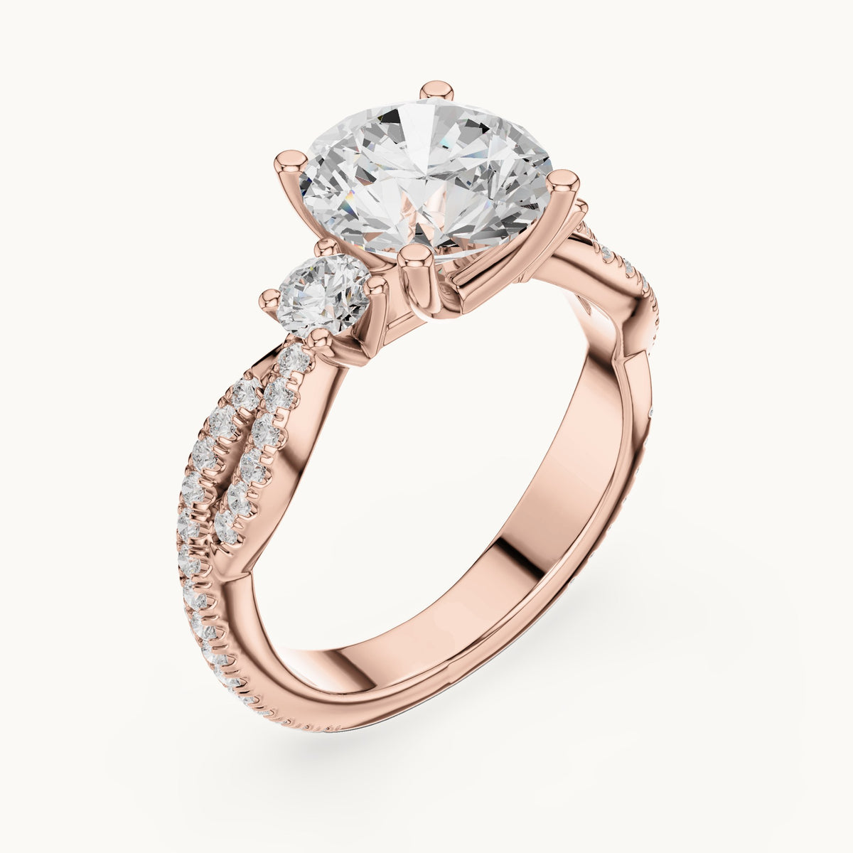 Round lab-grown diamond twisted pavé engagement ring with side stones in rose gold, 2.778 CT TW, view 2