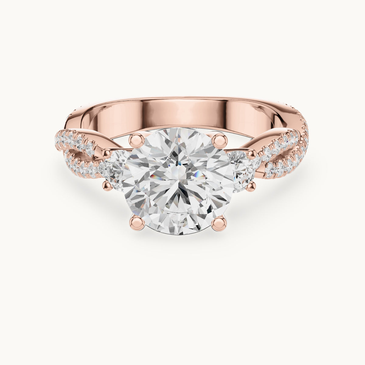 Round lab-grown diamond twisted pavé engagement ring with side stones in rose gold, 2.778 CT TW, view 4