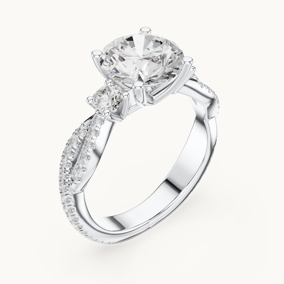 Round lab-grown diamond twisted pavé engagement ring with side stones in white gold, 2.778 CT TW, view 2