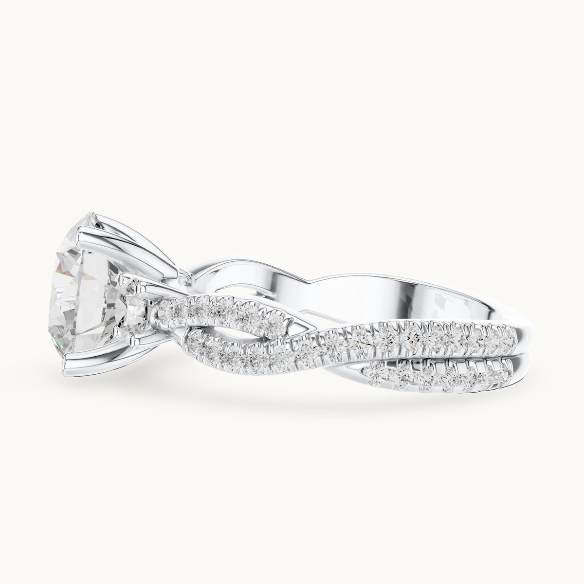 Round lab-grown diamond twisted pavé engagement ring with side stones in white gold, 2.778 CT TW, view 3
