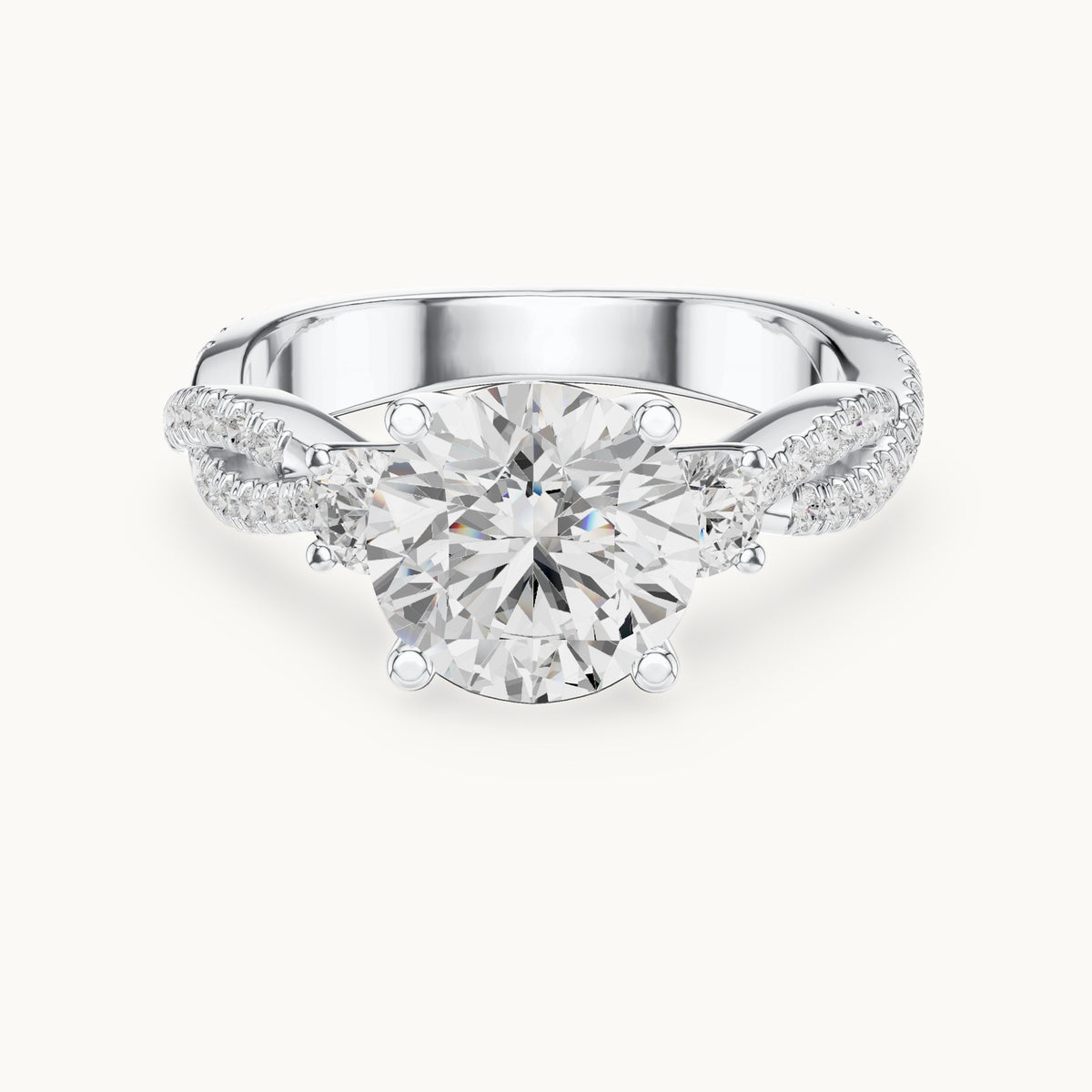 Round lab-grown diamond twisted pavé engagement ring with side stones in white gold, 2.778 CT TW, view 4