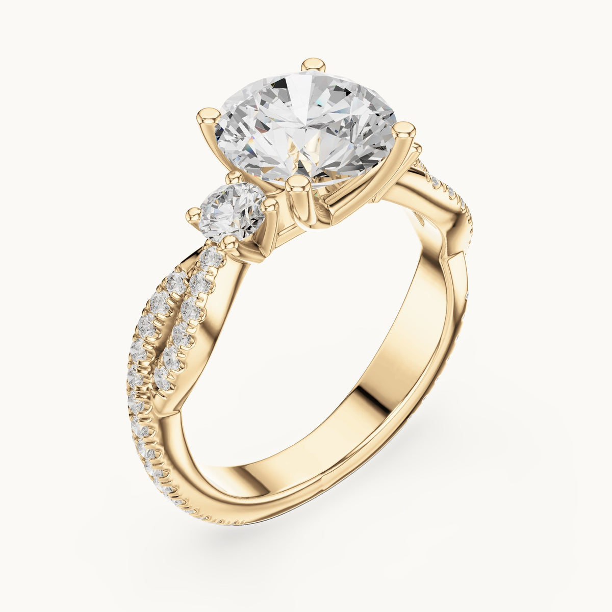 Round lab-grown diamond twisted pavé engagement ring with side stones in yellow gold, 2.778 CT TW, view 2