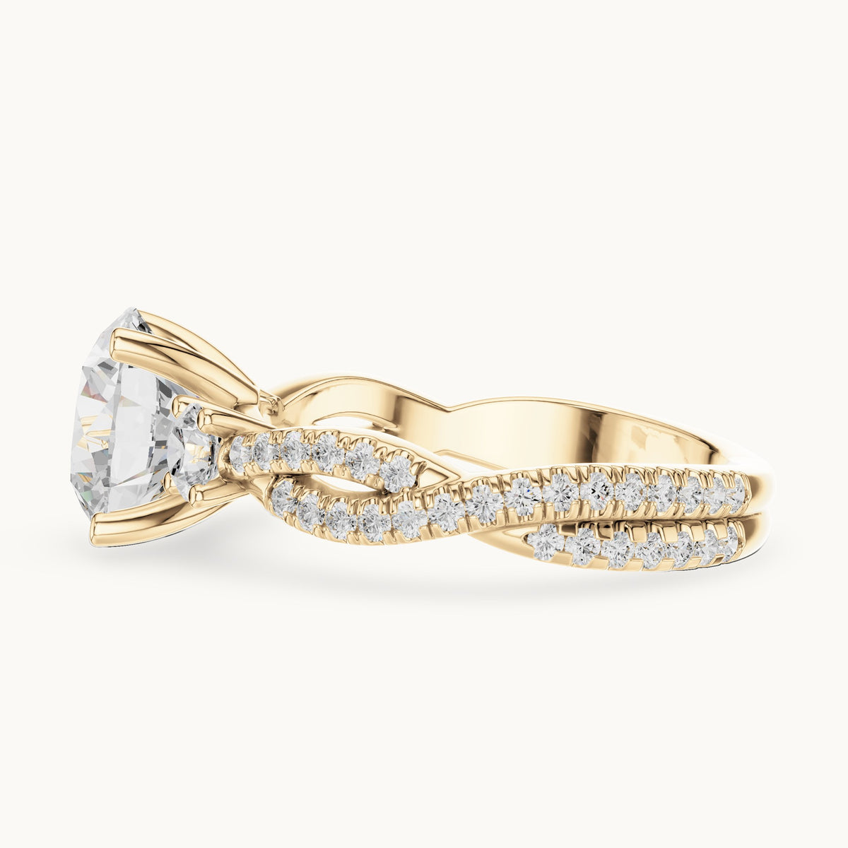 Round lab-grown diamond twisted pavé engagement ring with side stones in yellow gold, 2.778 CT TW, view 3