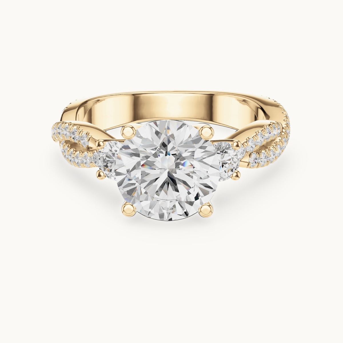 Round lab-grown diamond twisted pavé engagement ring with side stones in yellow gold, 2.778 CT TW, view 4