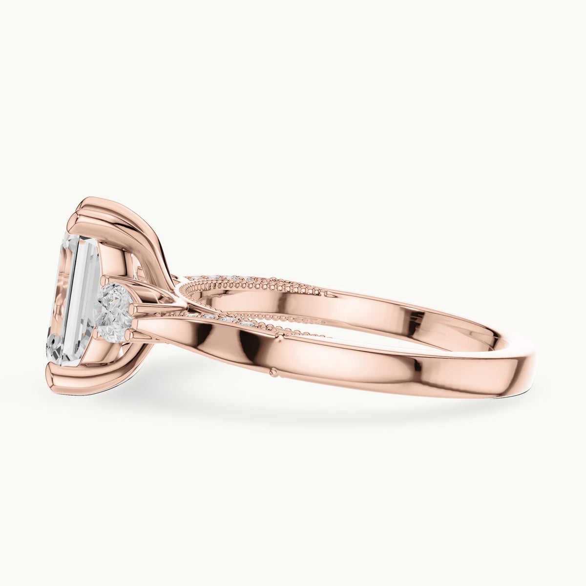 Emerald-cut, pear and round lab-grown diamond three-stone engagement ring with pear side stones in rose gold, 2.475 CT TW, view 3