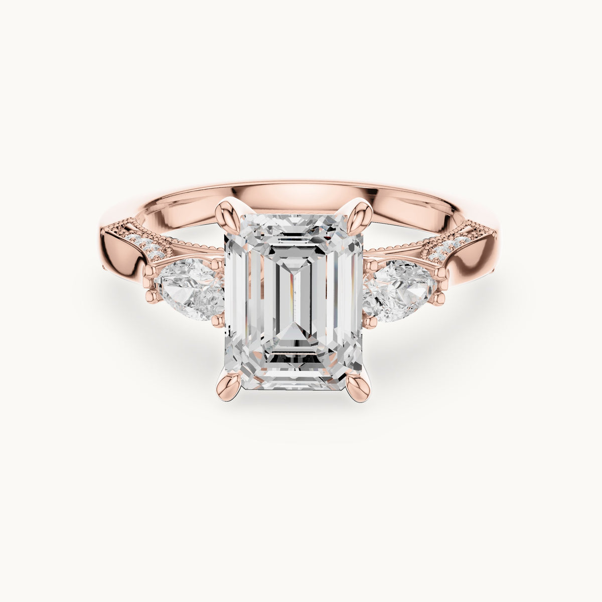 Emerald-cut, pear and round lab-grown diamond three-stone engagement ring with pear side stones in rose gold, 2.475 CT TW, view 4
