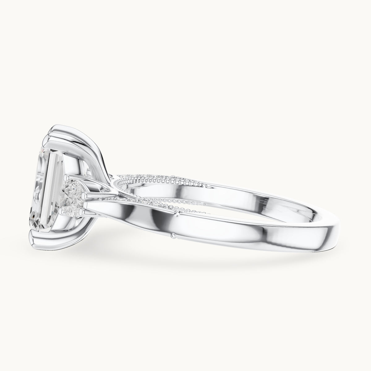 Emerald-cut, pear and round lab-grown diamond three-stone engagement ring with pear side stones in white gold, 2.475 CT TW, view 3