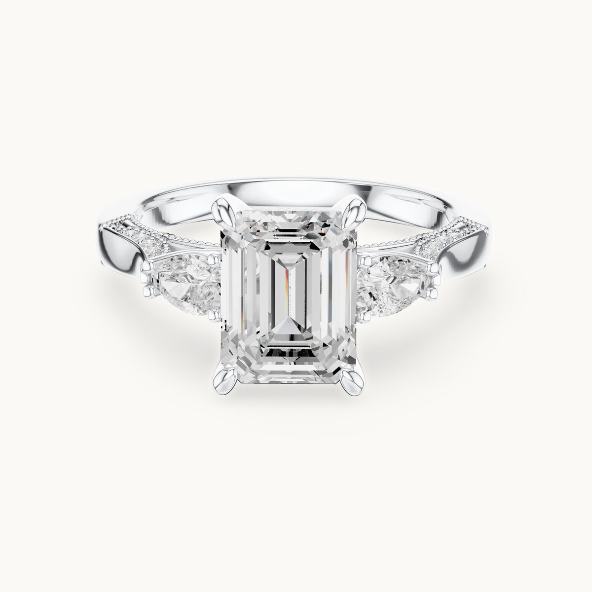 Emerald-cut, pear and round lab-grown diamond three-stone engagement ring with pear side stones in white gold, 2.475 CT TW, view 4