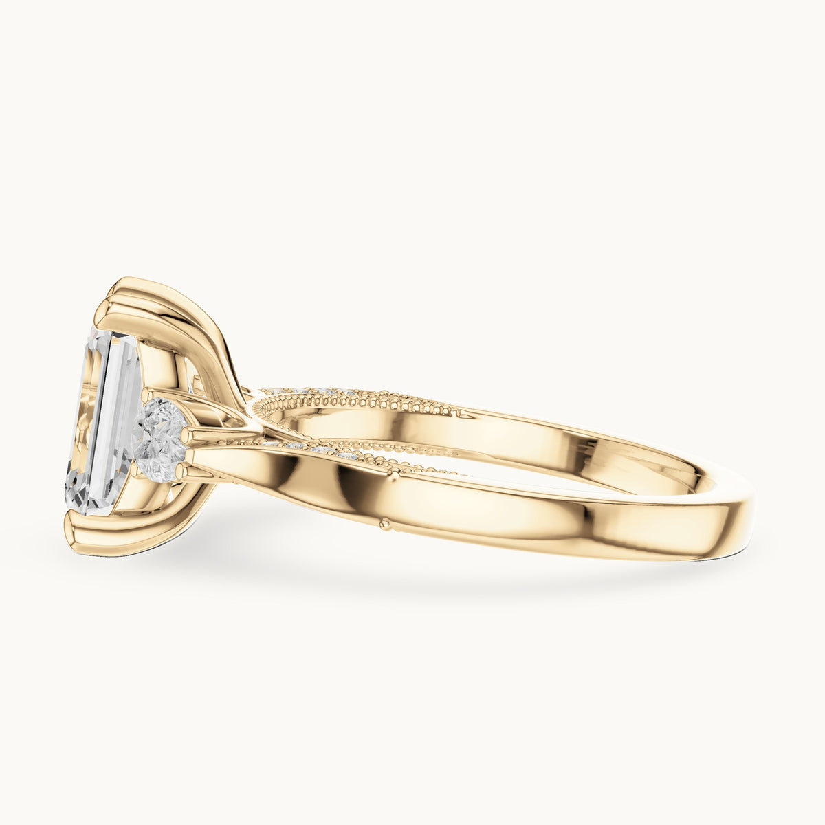 Emerald-cut, pear and round lab-grown diamond three-stone engagement ring with pear side stones in yellow gold, 2.475 CT TW, view 3