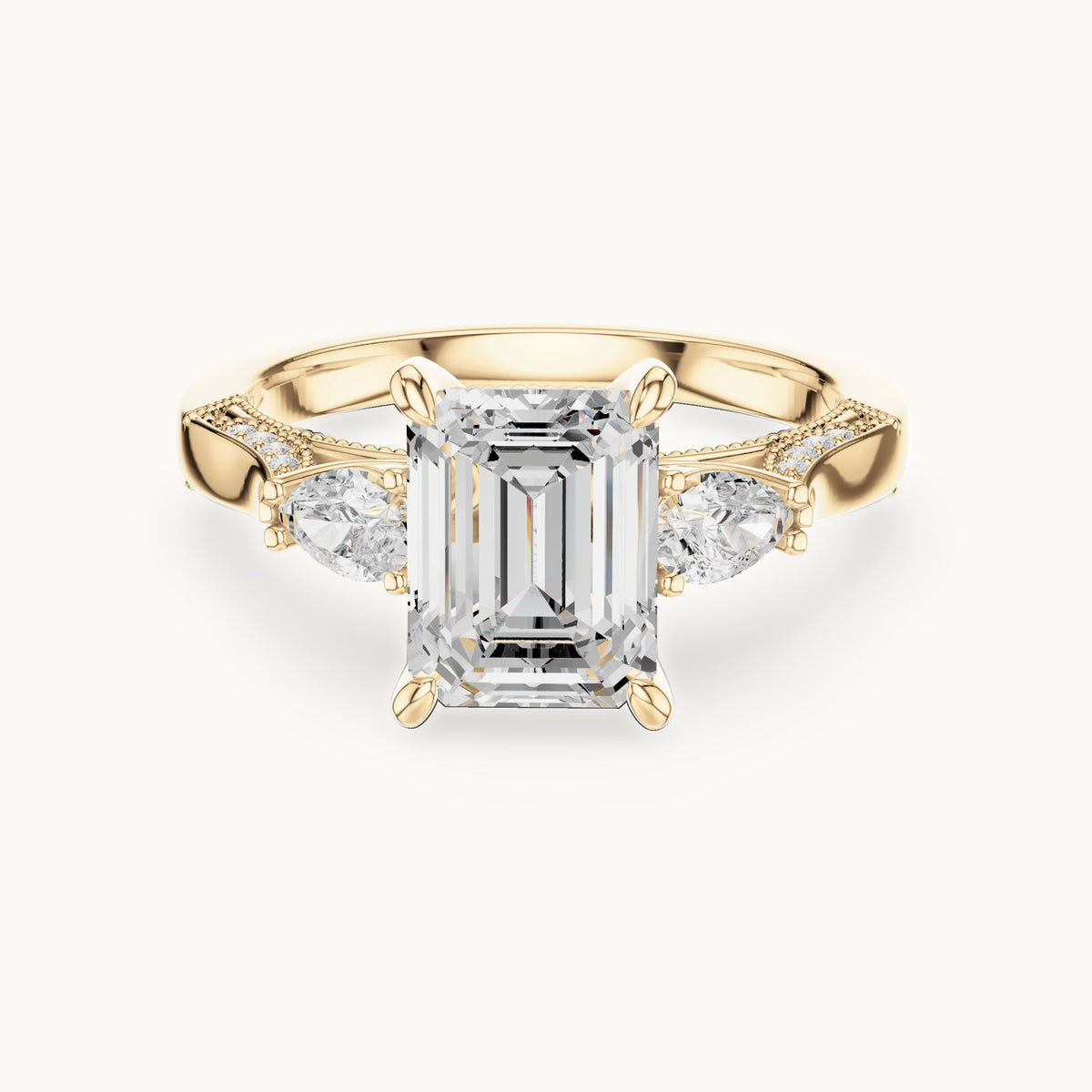 Emerald-cut, pear and round lab-grown diamond three-stone engagement ring with pear side stones in yellow gold, 2.475 CT TW, view 4