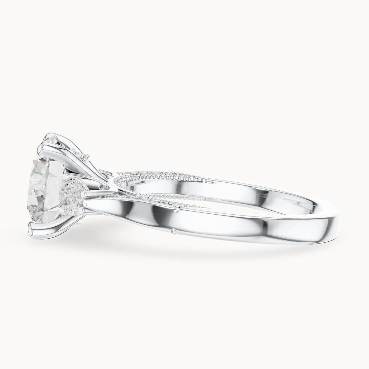 Round and pear lab-grown diamond three-stone engagement ring with pear side stones in white gold, 2.375 CT TW, view 3