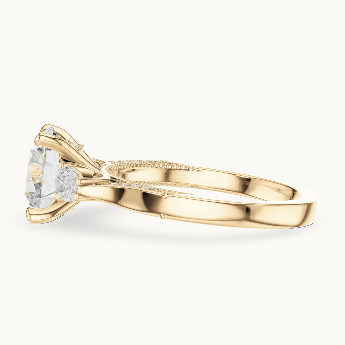 Round and pear lab-grown diamond three-stone engagement ring with pear side stones in yellow gold, 2.375 CT TW, view 3