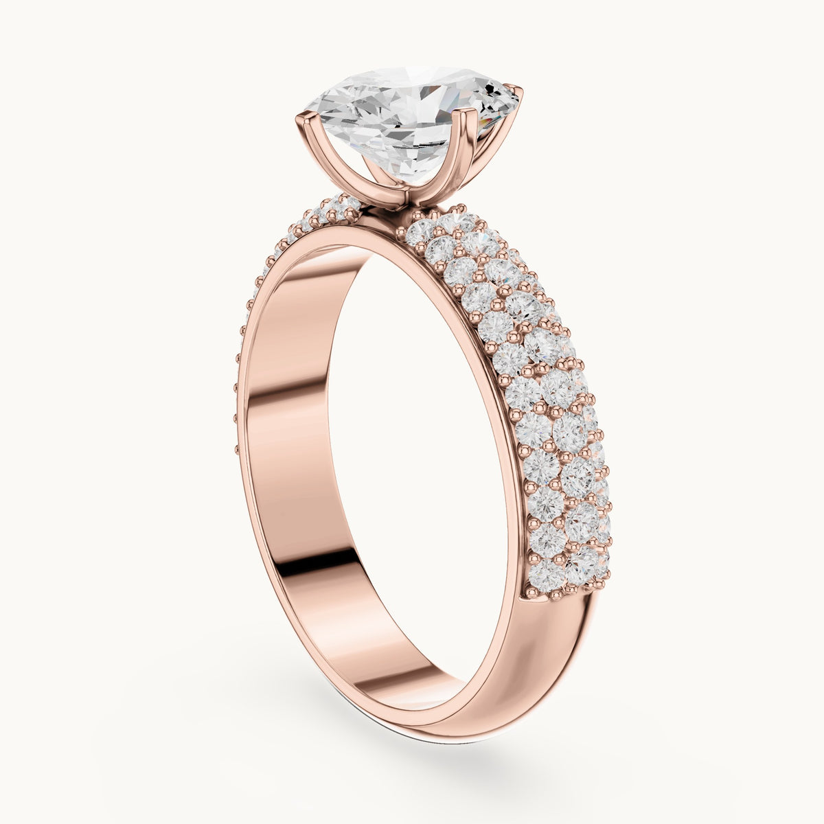 Oval and round lab-grown diamond three-row pavé engagement ring in rose gold, 1.488 CT TW, view 1
