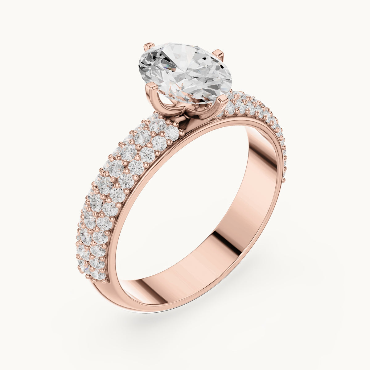 Oval and round lab-grown diamond three-row pavé engagement ring in rose gold, 1.488 CT TW, view 2