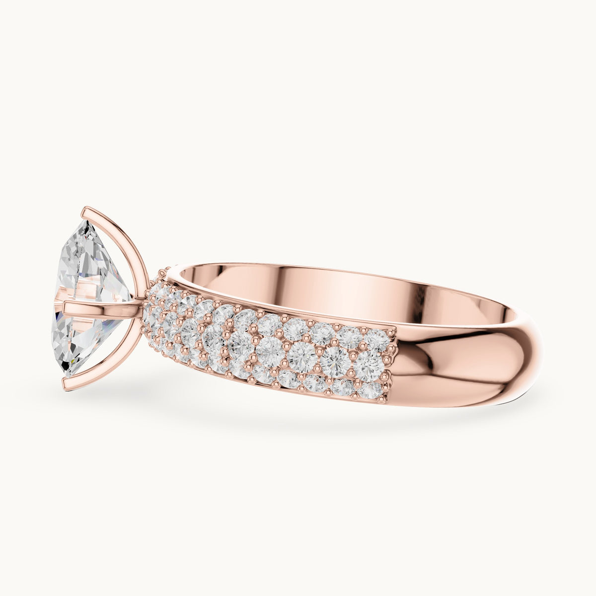 Oval and round lab-grown diamond three-row pavé engagement ring in rose gold, 1.488 CT TW, view 3