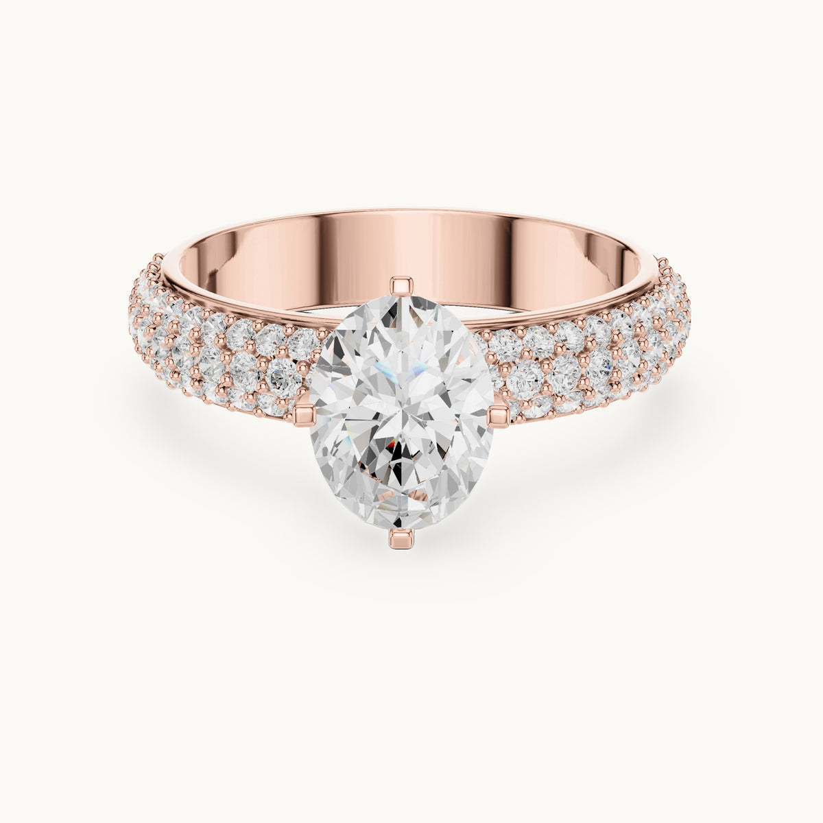 Oval and round lab-grown diamond three-row pavé engagement ring in rose gold, 1.488 CT TW, view 4