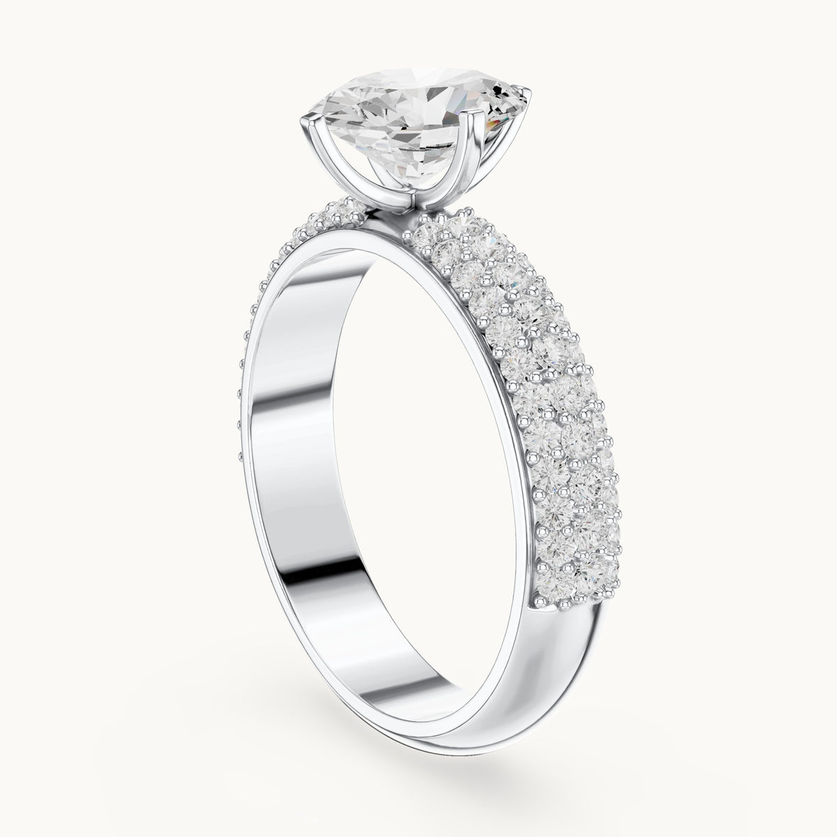 Oval and round lab-grown diamond three-row pavé engagement ring in white gold, 1.488 CT TW, view 1