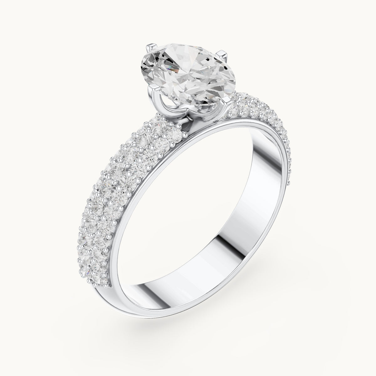 Oval and round lab-grown diamond three-row pavé engagement ring in white gold, 1.488 CT TW, view 2
