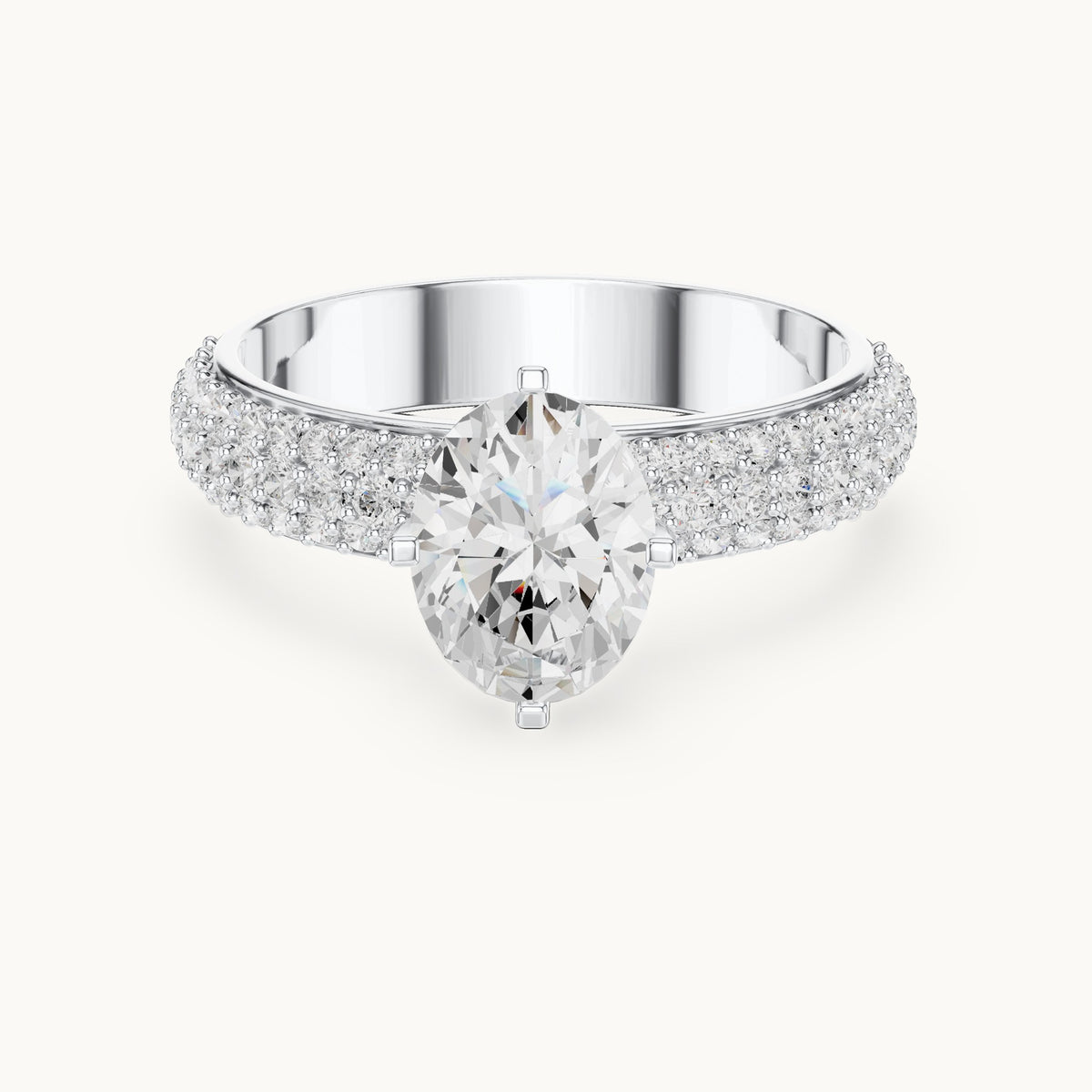 Oval and round lab-grown diamond three-row pavé engagement ring in white gold, 1.488 CT TW, view 4