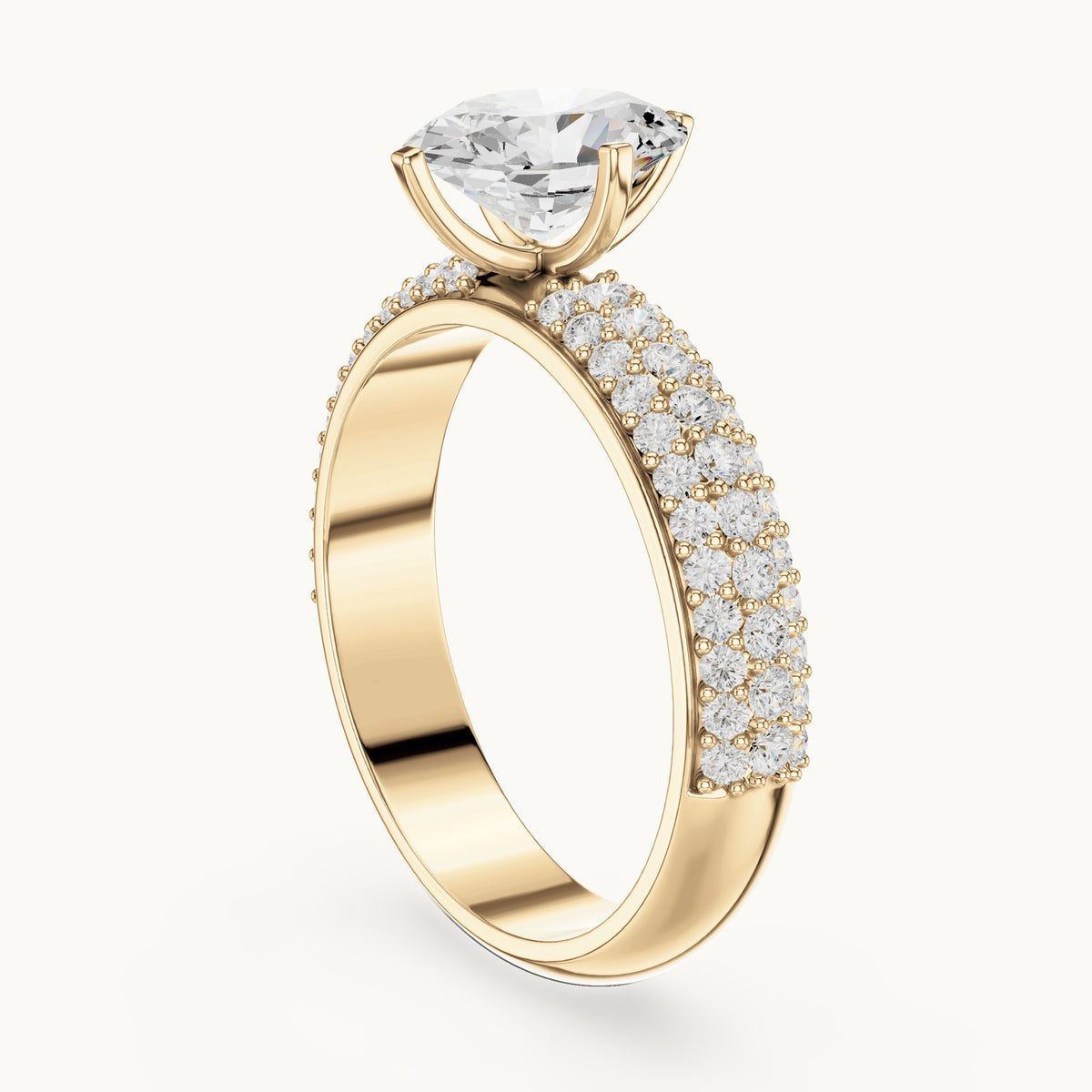 Oval and round lab-grown diamond three-row pavé engagement ring in yellow gold, 1.488 CT TW, view 1