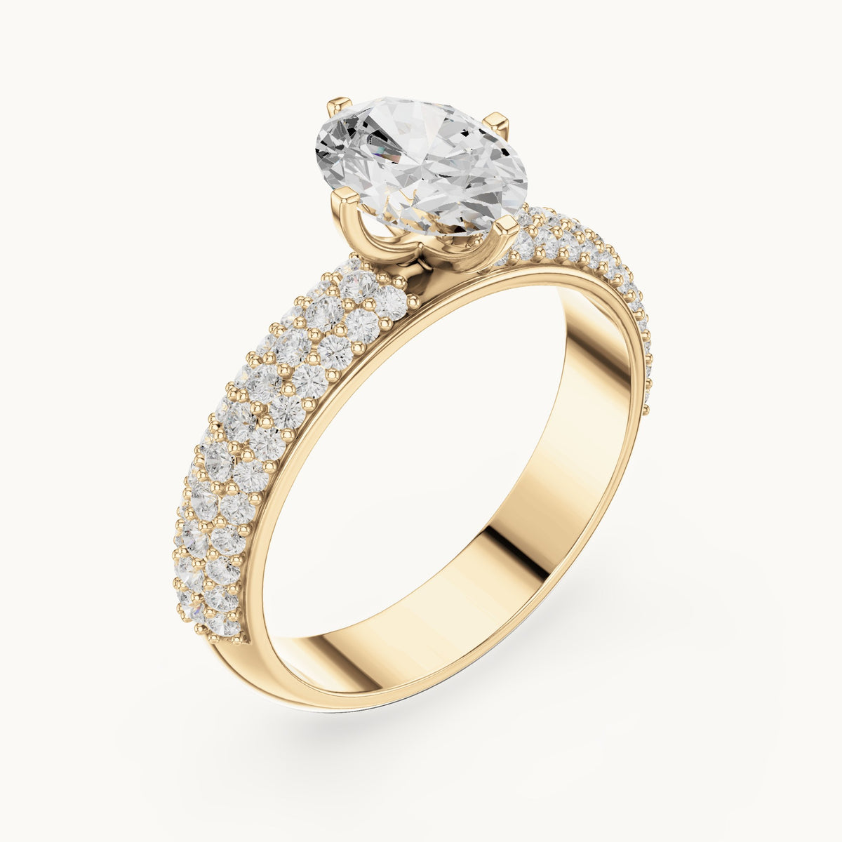 Oval and round lab-grown diamond three-row pavé engagement ring in yellow gold, 1.488 CT TW, view 2