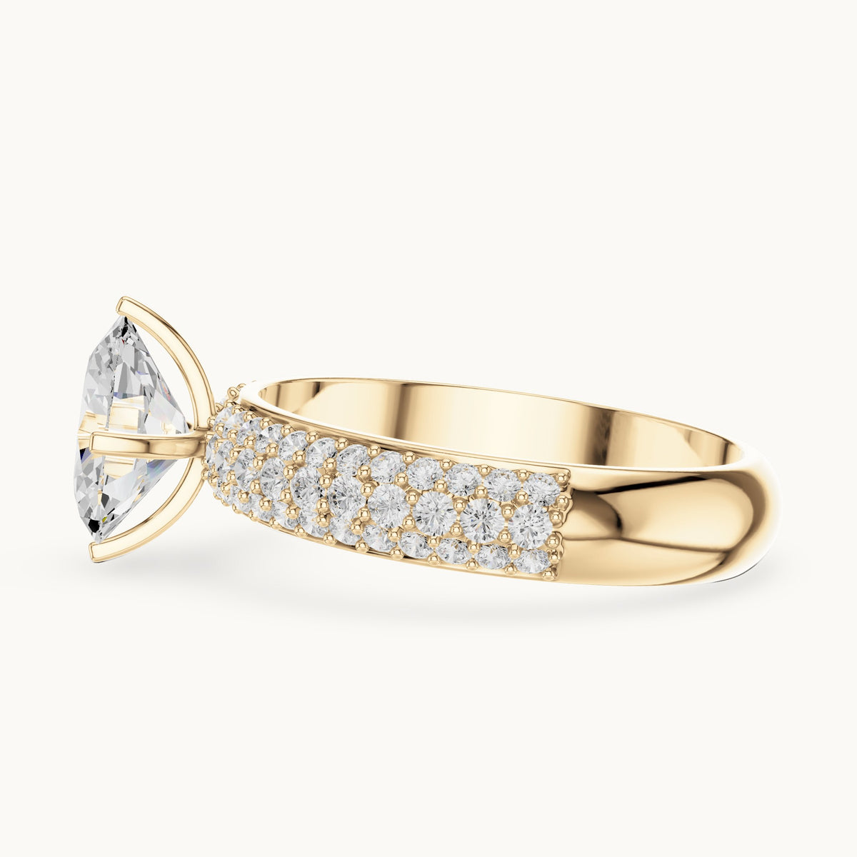 Oval and round lab-grown diamond three-row pavé engagement ring in yellow gold, 1.488 CT TW, view 3