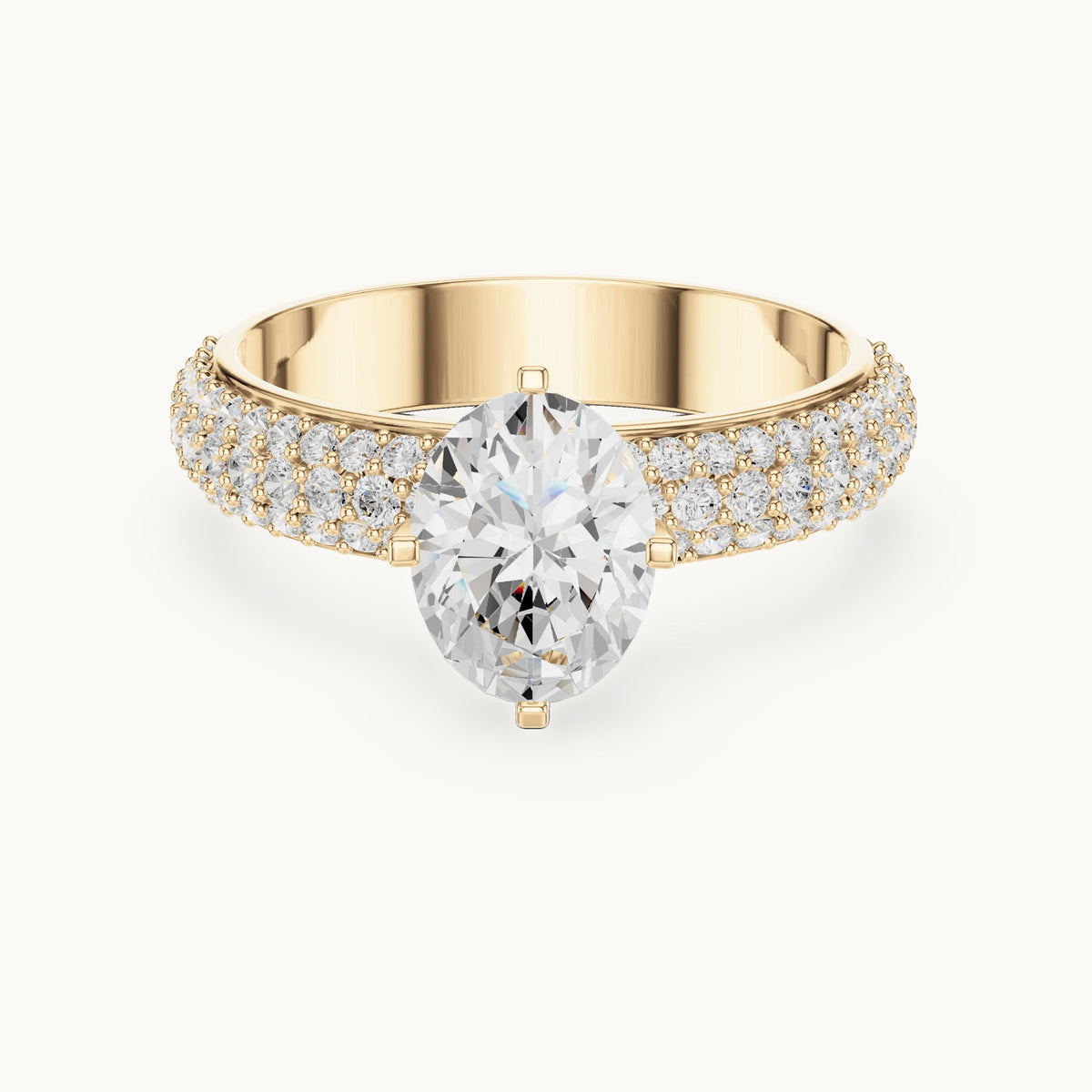 Oval and round lab-grown diamond three-row pavé engagement ring in yellow gold, 1.488 CT TW, view 4