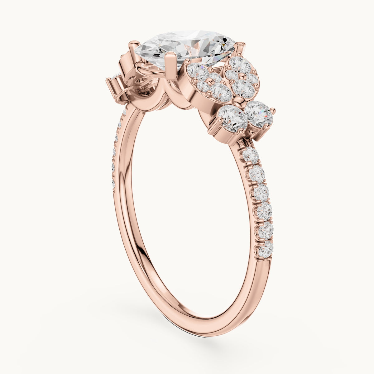 Oval and round lab-grown diamond engagement ring with side clusters in rose gold, 1.436 CT TW, view 1