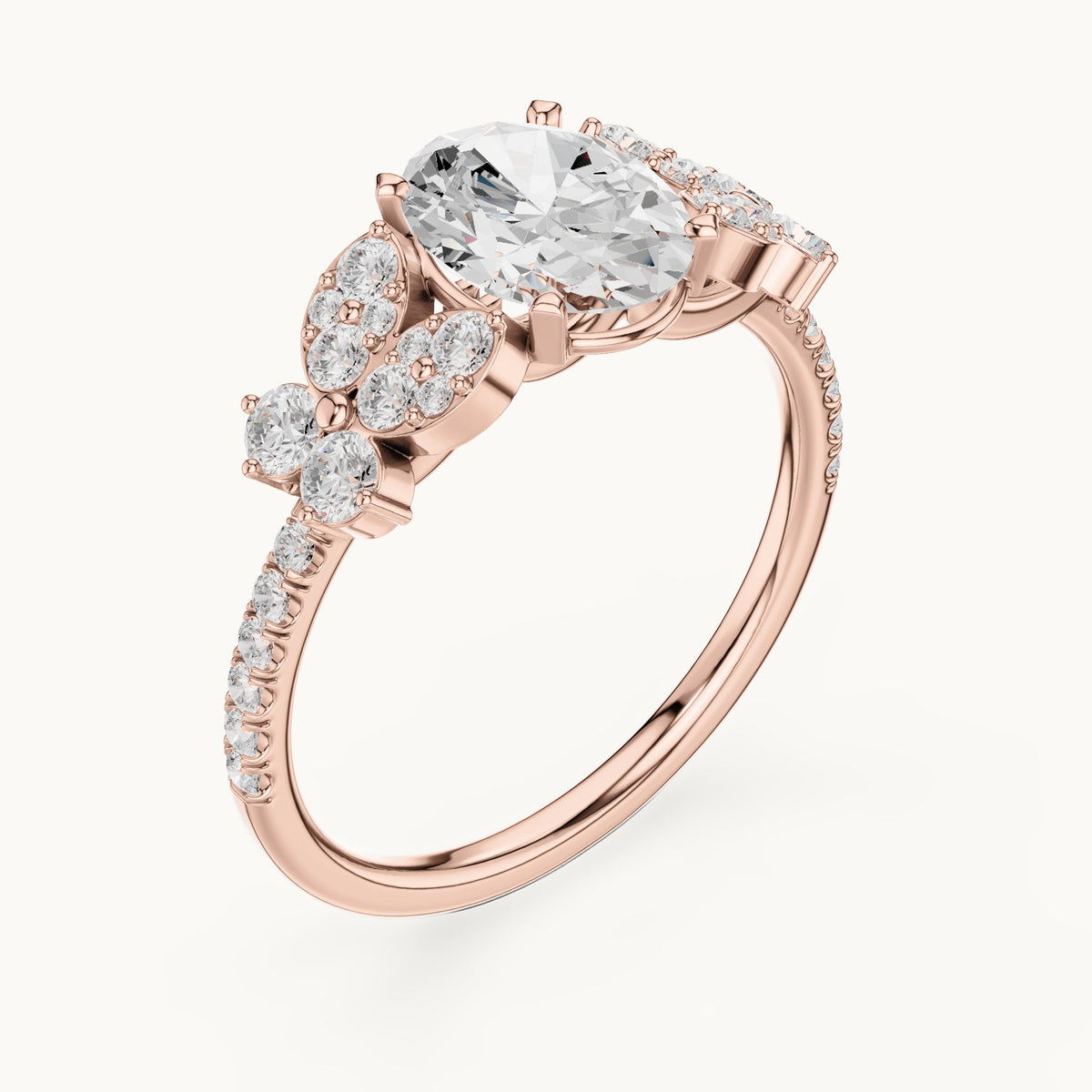 Oval and round lab-grown diamond engagement ring with side clusters in rose gold, 1.436 CT TW, view 2