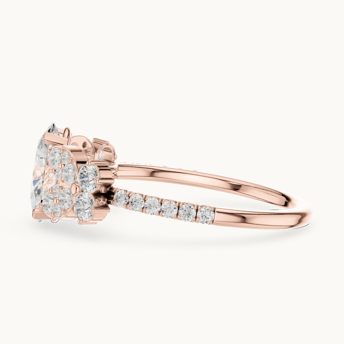 Oval and round lab-grown diamond engagement ring with side clusters in rose gold, 1.436 CT TW, view 3